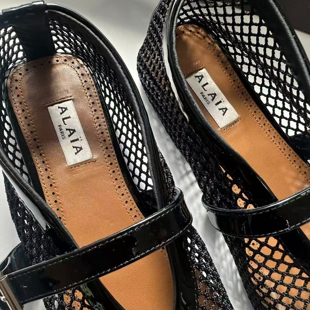 Alaia Black Mesh Flats with Patent Straps - Picture 5 of 8